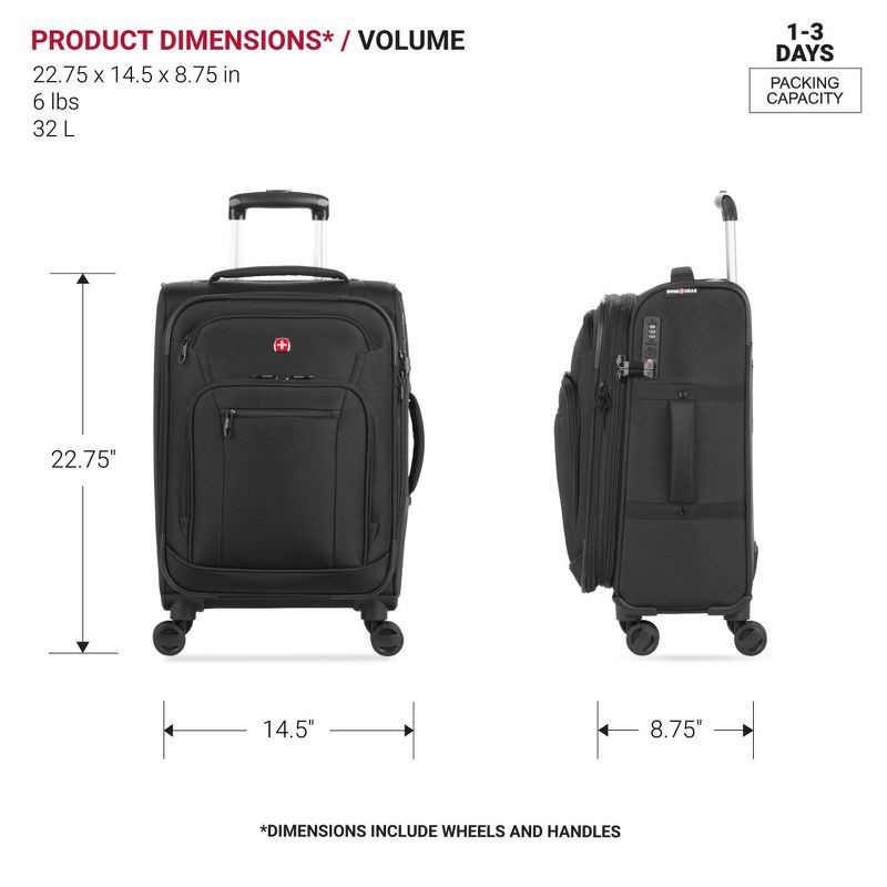 slide 7 of 14, SWISSGEAR Zurich Softside Carry On Suitcase - Black: Telescoping Handle, 8 Wheels, 1 ct