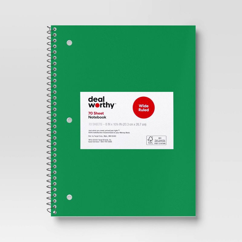 slide 1 of 3, Subject Spiral Notebook Wide Ruled Green - Dealworthy™, 1 ct