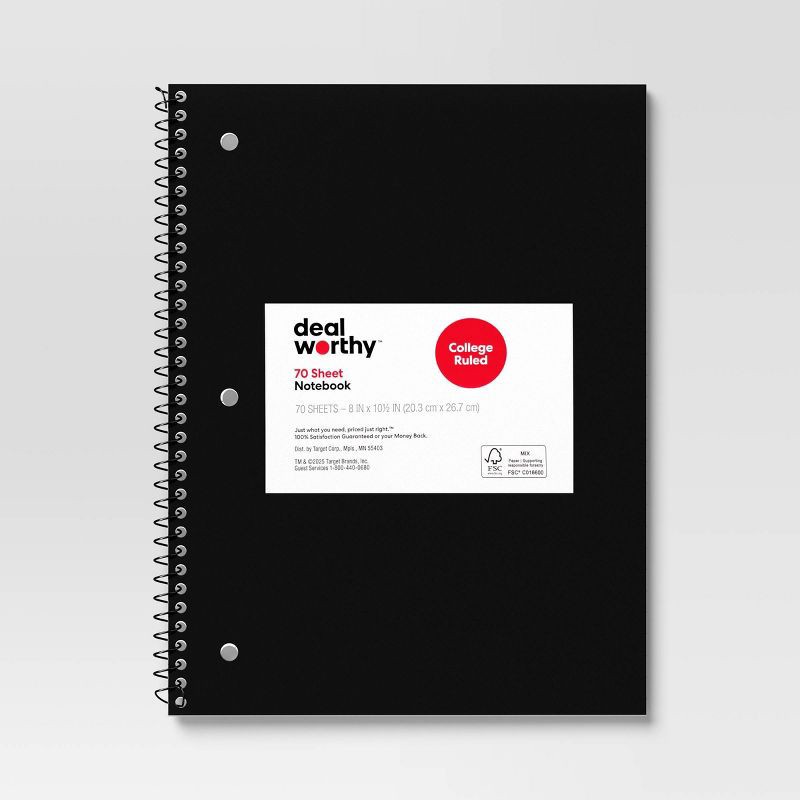 slide 1 of 3, Subject Spiral Notebook College Ruled Black - Dealworthy™, 1 ct