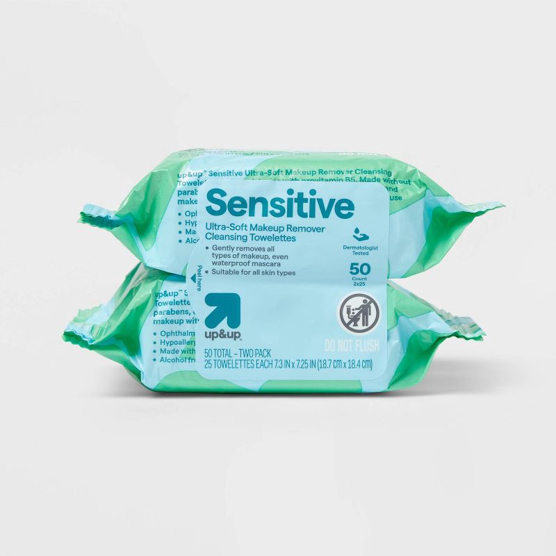 slide 1 of 7, Sensitive Ultra-Soft Makeup Remover Cleansing Towelettes - Unscented - 50ct - up&up™, 50 ct