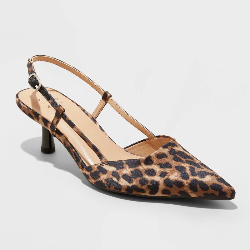 slide 1 of 4, Women's Annette Satin Slingback Heels with Memory Foam Insole - A New Day™ Light Brown 9.5: Kitten Block Heel, Leopard Spot Pattern, 1 ct