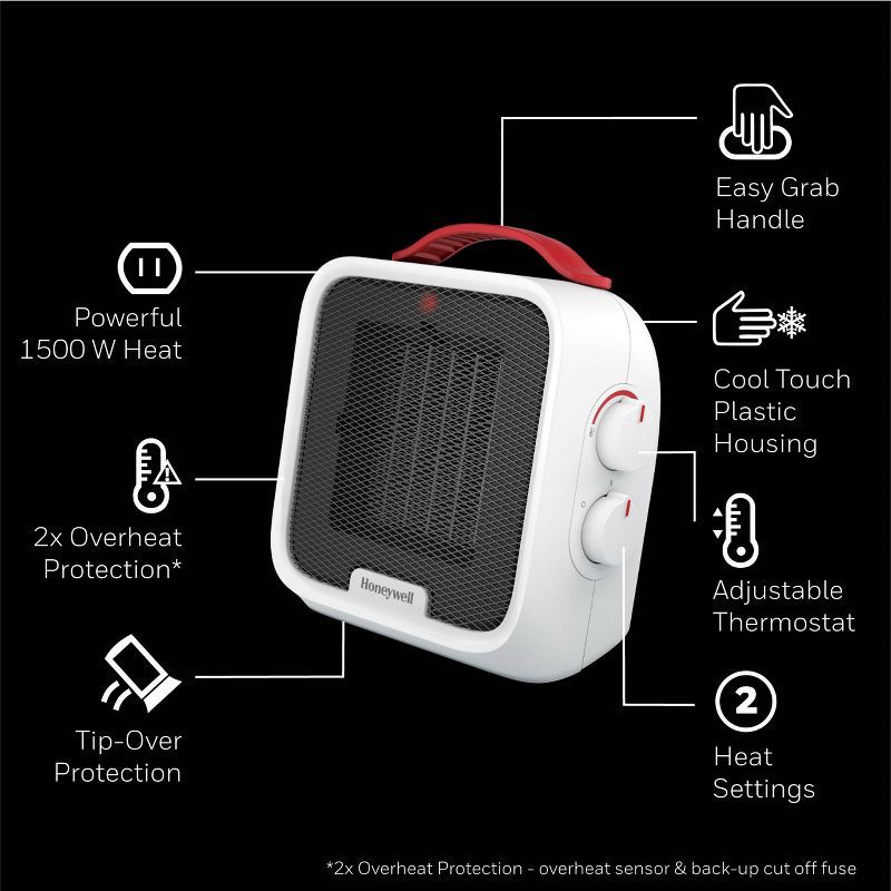 slide 3 of 8, Honeywell UberHeat 5 Ceramic Heater White: Portable Electric Indoor Heater, Adjustable Thermostat, 1500W, ETL Listed, 1 ct