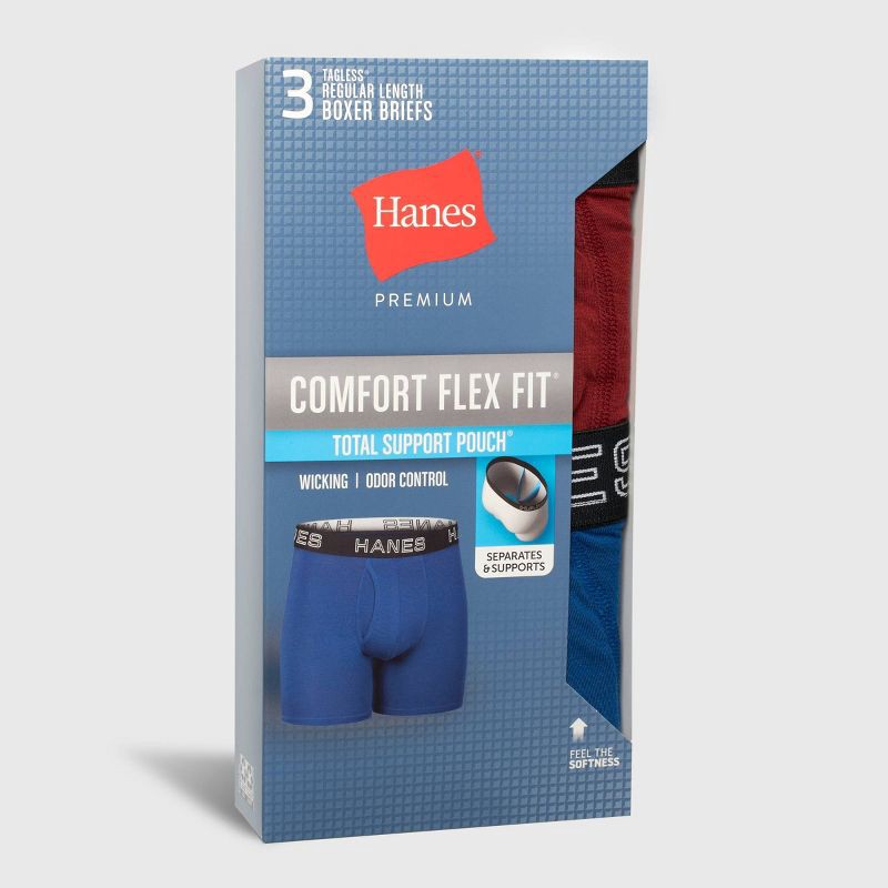 slide 2 of 7, Hanes Premium Men's 3pk Boxer Briefs Total Support Pouch - Blue/Black/Red XL: Moisture Wicking, 4-Way Stretch, 3 ct