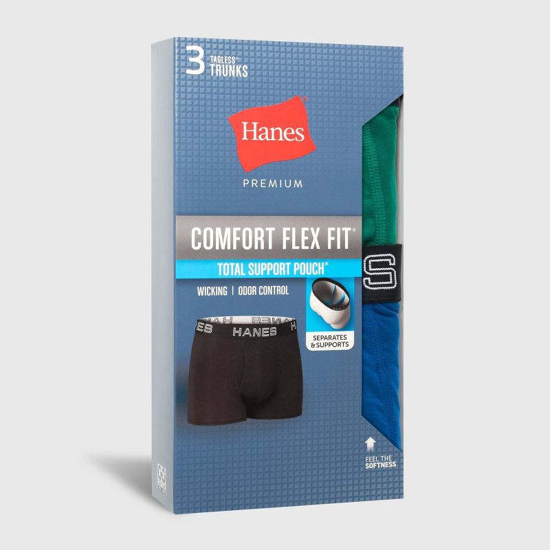 slide 6 of 6, Hanes Premium Men's 3pk Trunks Total Support Pouch - Blue/Green/Gray XL: Tagless, Moisture Wicking, 4-Way Stretch, 3 ct