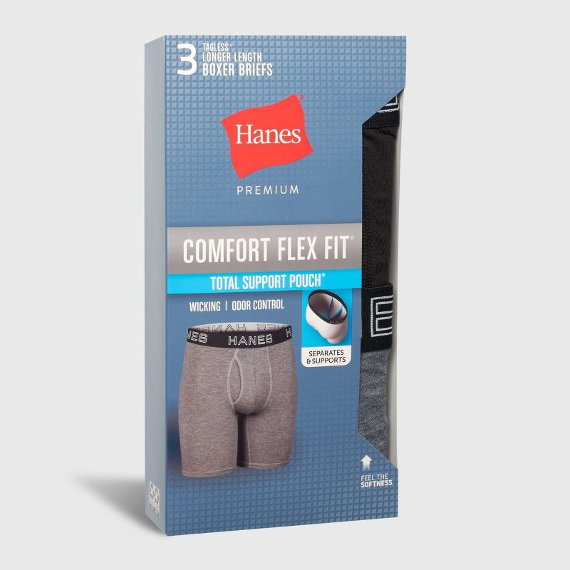 slide 2 of 7, Hanes Premium Men's 3pk Long Leg Boxer Briefs Total Support Pouch - Black/Gray M: Tagless, Moisture Wicking, 4-Way Stretch, 3 ct