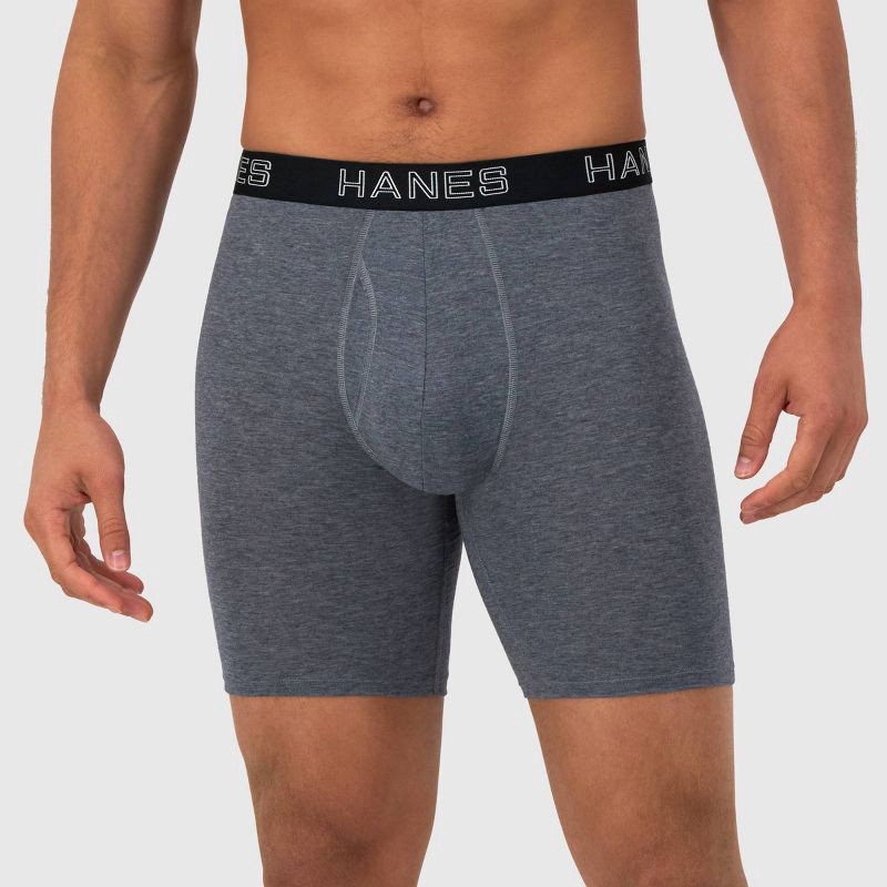 slide 3 of 7, Hanes Premium Men's 3pk Long Leg Boxer Briefs Total Support Pouch - Black/Gray M: Tagless, Moisture Wicking, 4-Way Stretch, 3 ct