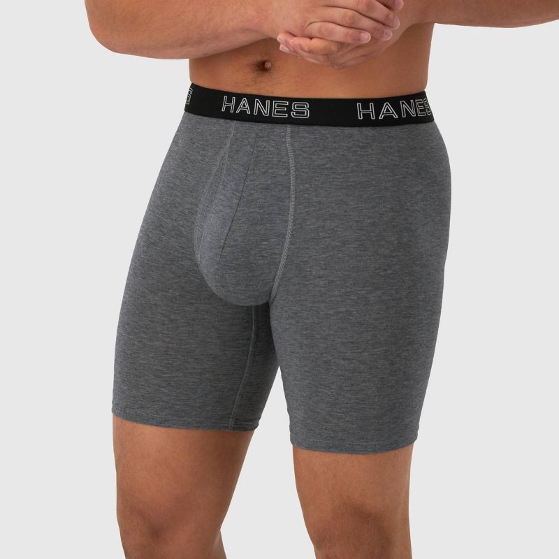 slide 4 of 7, Hanes Premium Men's 3pk Long Leg Boxer Briefs Total Support Pouch - Black/Gray M: Tagless, Moisture Wicking, 4-Way Stretch, 3 ct