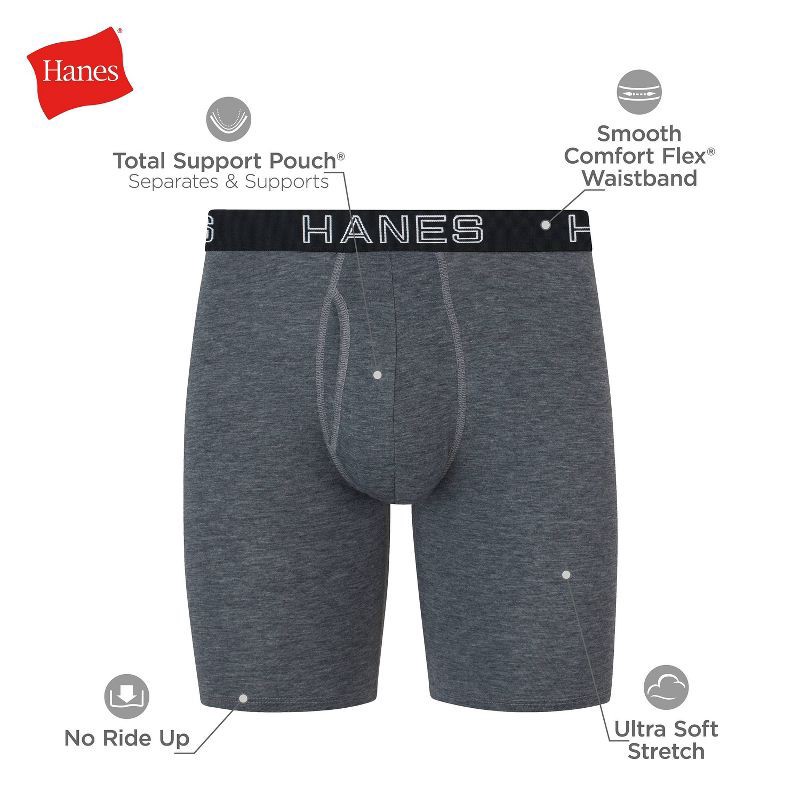 slide 6 of 7, Hanes Premium Men's 3pk Long Leg Boxer Briefs Total Support Pouch - Black/Gray M: Tagless, Moisture Wicking, 4-Way Stretch, 3 ct