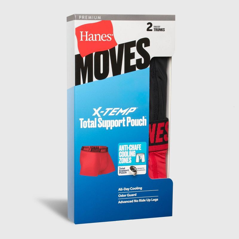 slide 2 of 5, Hanes Premium Hanes Moves Premium Men's Anti-Chafe X-Temp Trunks 2pk - Red/Black M: Moisture Wicking, 4-Way Stretch, Lightweight Jersey, 2 ct