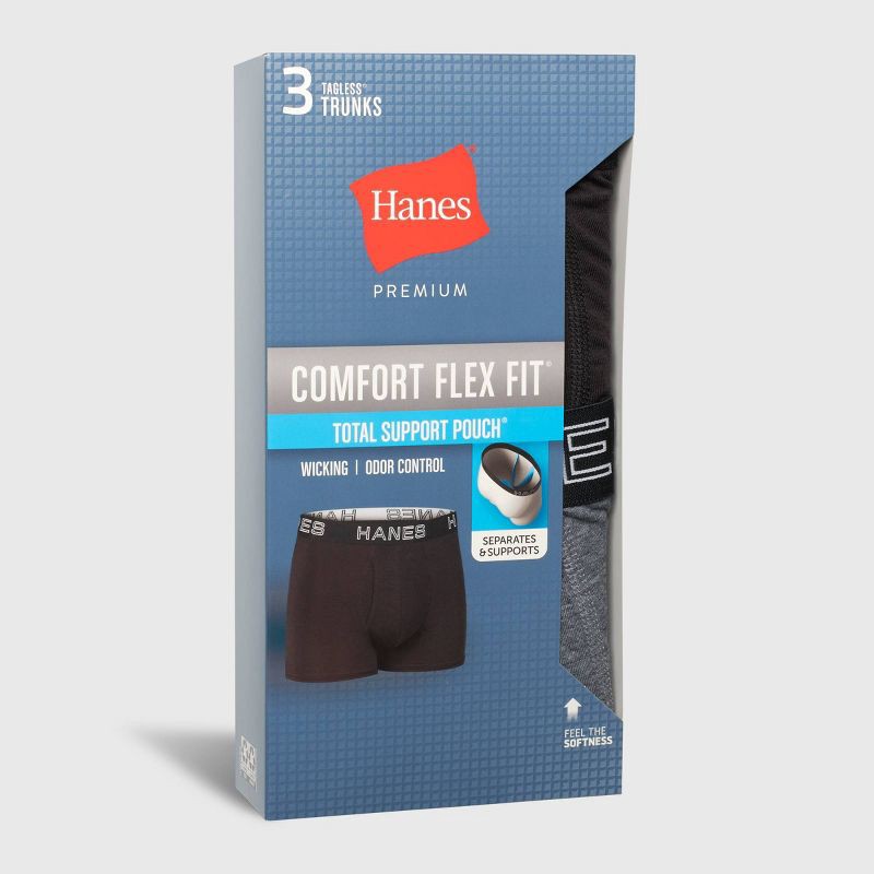 slide 2 of 7, Hanes Premium Men's 3pk Trunks Total Support Pouch - Black/Gray S: Recycled Polyester, Lyocell, Spandex, Tagless, Moisture Wicking, 3 ct