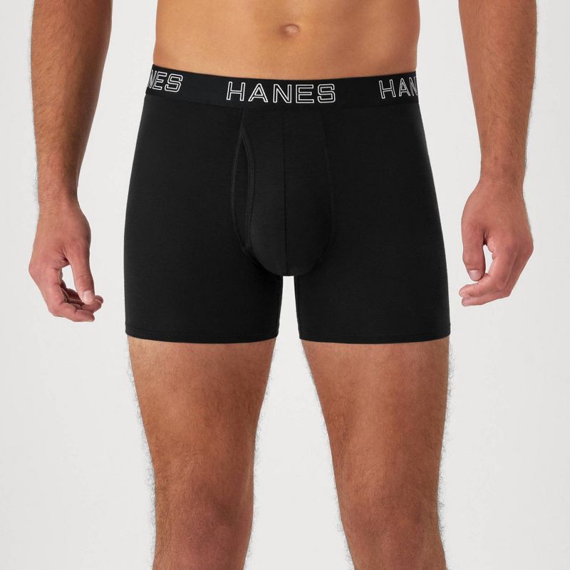 slide 3 of 7, Hanes Premium Men's 3pk Trunks Total Support Pouch - Black/Gray S: Recycled Polyester, Lyocell, Spandex, Tagless, Moisture Wicking, 3 ct