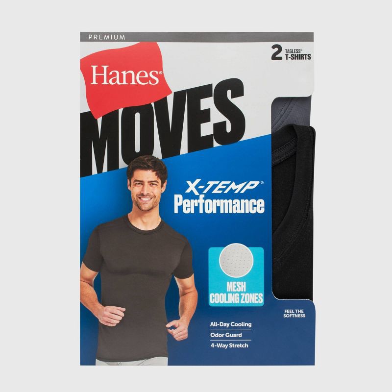 slide 2 of 9, Hanes Premium Men's 2pk Move Breathable Mesh Crew Neck T-Shirt X-Temp - Black S: Lightweight, Moisture Wicking, Quick Dry, 4-Way Stretch, Tagless, 2 ct