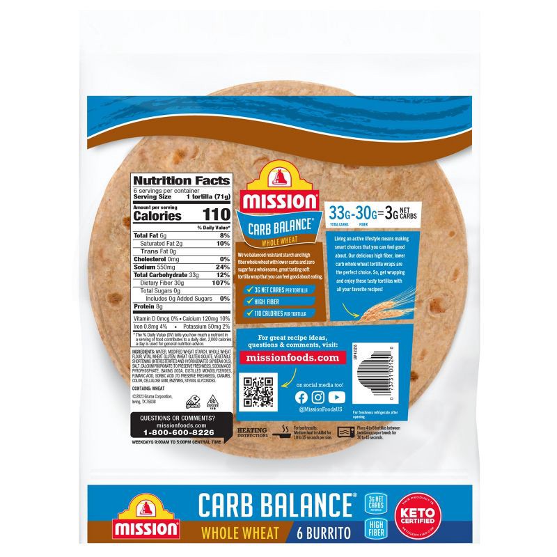 slide 2 of 9, Mission Burrito Size Carb Balance Whole Wheat Flour Tortillas - 15oz/6ct, 6 ct