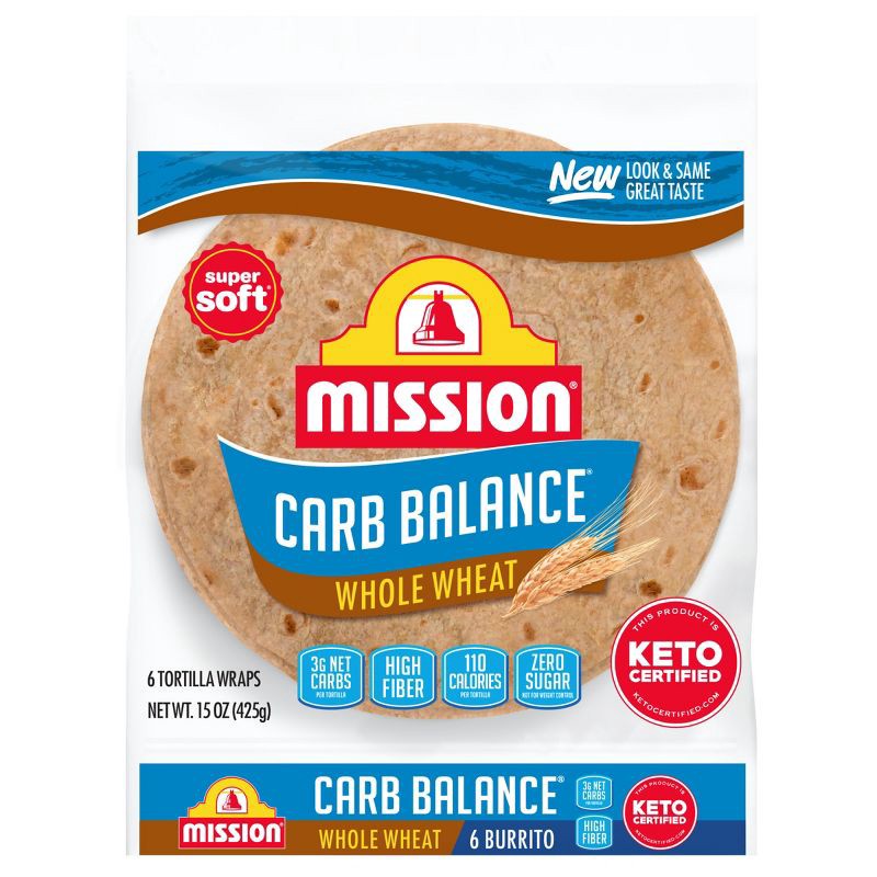 slide 1 of 9, Mission Burrito Size Carb Balance Whole Wheat Flour Tortillas - 15oz/6ct, 6 ct