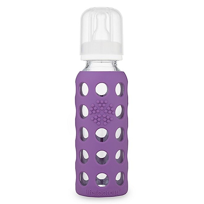 slide 1 of 5, Lifefactory Glass Baby Bottle with Protective Silicone Sleeve - Grape, 9 oz