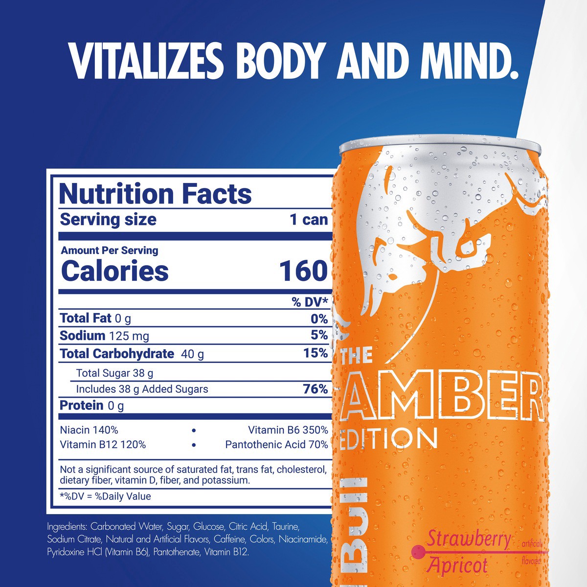 slide 11 of 11, Red Bull Amber Edition Energy Drink, Strawberry Apricot, 114mg Caffeine, 12 fl oz, Pack of 4 Cans, 4 ct; 12 oz
