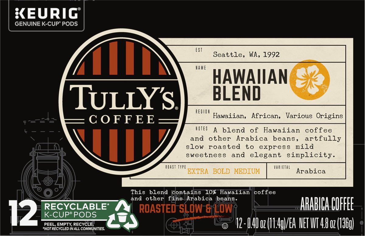 slide 8 of 8, Tully's Coffee Hawaiian Blend Keurig Single-Serve K-Cup Pods,  Extra Bold Medium Roast, 12 Count, 12 ct