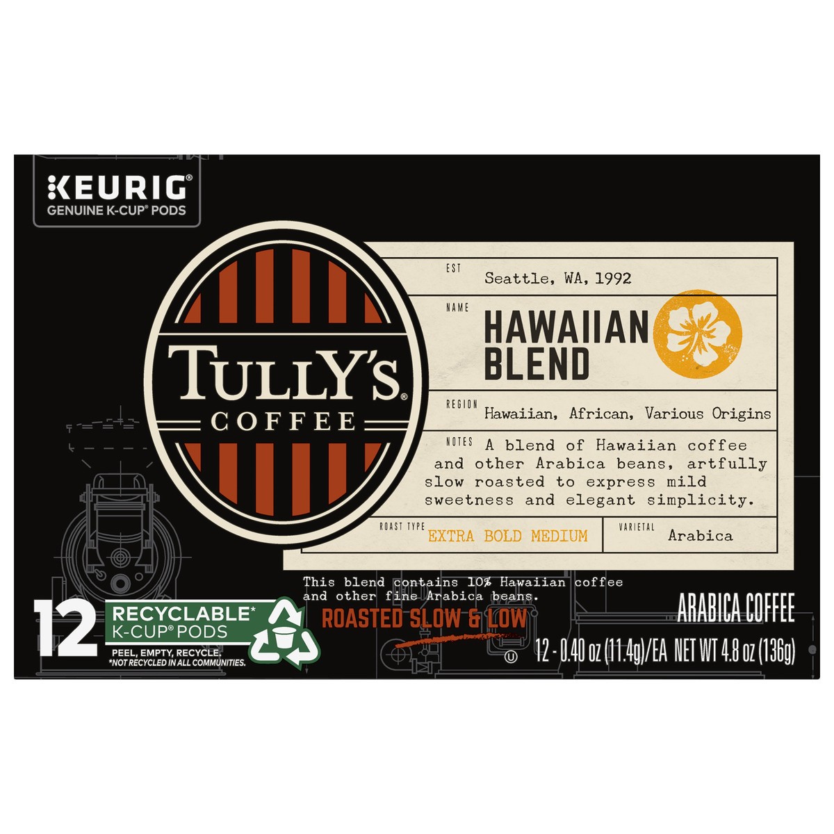 slide 6 of 8, Tully's Coffee Hawaiian Blend Keurig Single-Serve K-Cup Pods,  Extra Bold Medium Roast, 12 Count, 12 ct