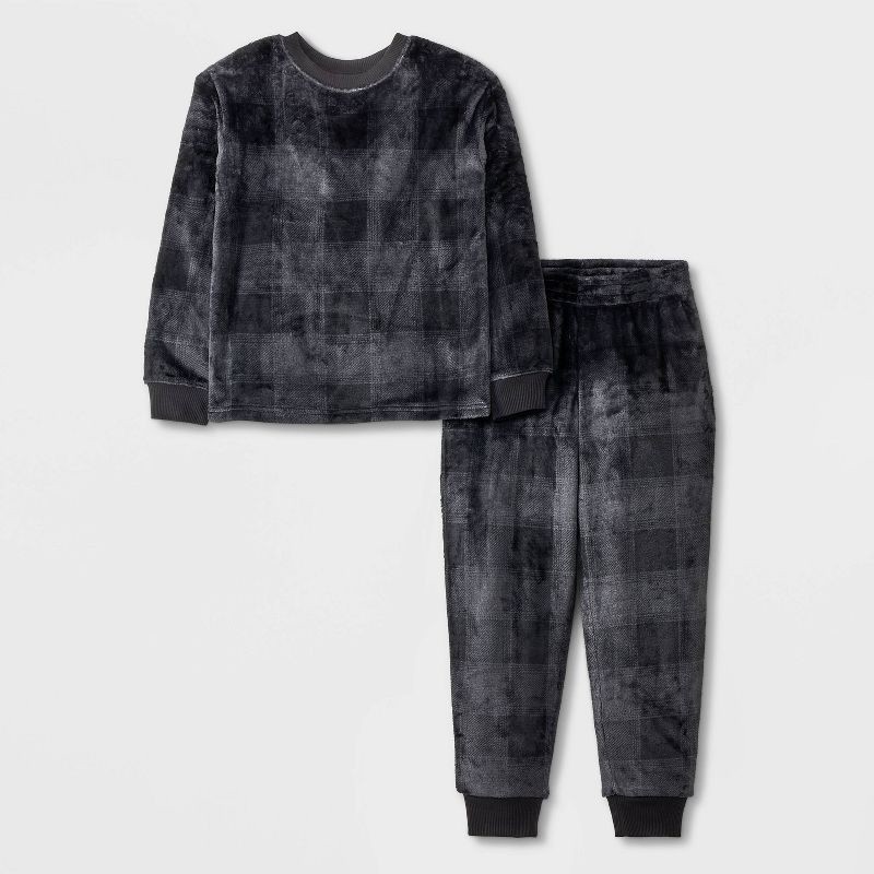 slide 1 of 4, Boys' 2pc 'Buffalo Check' Long Sleeve Cozy Pajama Set - Cat & Jack™ Gray S, 2 ct