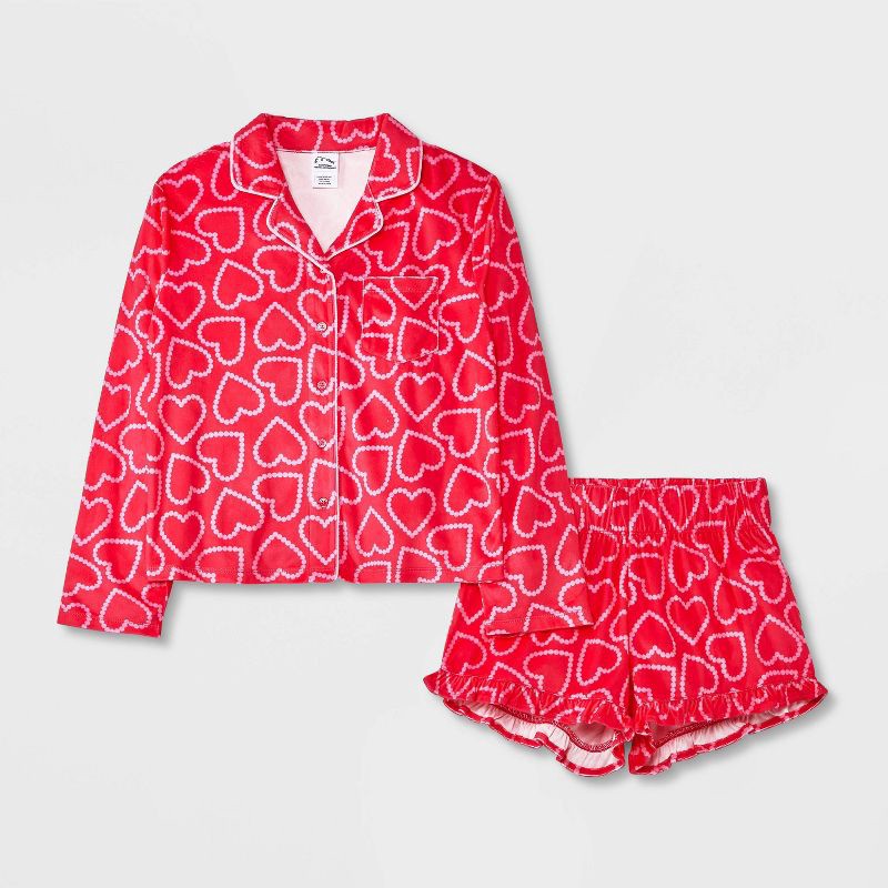 slide 1 of 4, Girls' 2pc 'Hearts' Long Sleeve Coat Pajama Set - art class™ Pink L, 2 ct