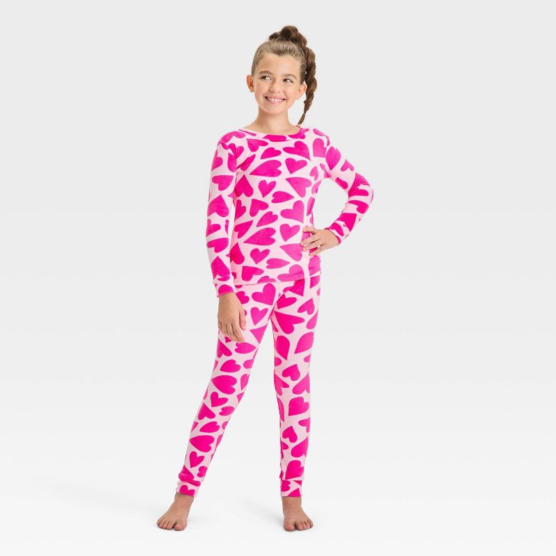 slide 1 of 4, Kids' 2pc 'Hearts' Snuggly Soft Snug Fit Pajama Set - Cat & Jack™ Pink 12, 2 ct