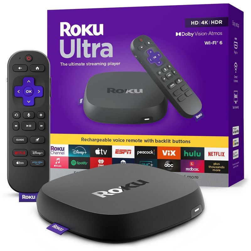 slide 1 of 8, Roku Ultra 2024 Ultimate 4K Streaming Device with HDR10+, Dolby Vision & Atmos Bluetooth & Wi-Fi 6 Voice Remote Pro with Free & Live TV, 1 ct