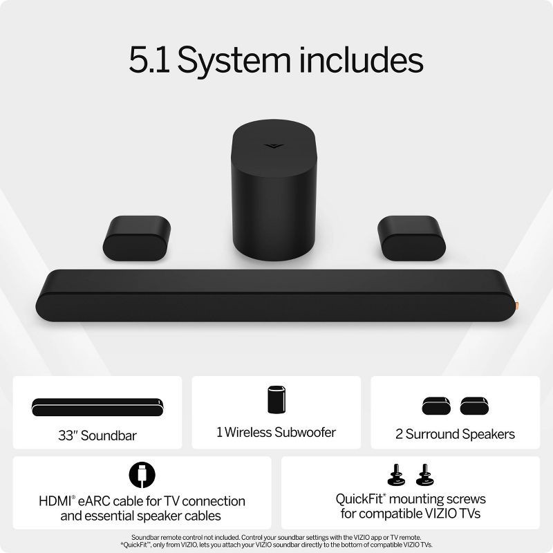 slide 3 of 20, VIZIO 5.1 Soundbar Wireless Subwoofer with Dolby Atmos - (SV510M-08): USB, HDMI, Bluetooth, 1 ct