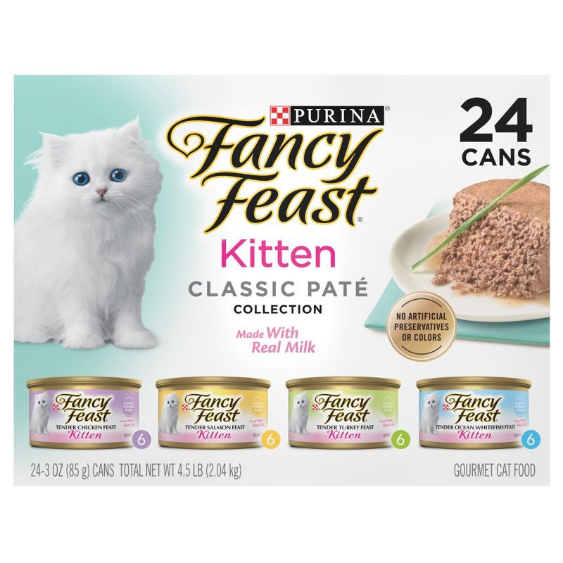 slide 2 of 12, Purina Fancy Feast Tender Seafood, Turkey, Chicken and Salmon Flavor Variety Pack Wet Cat Food - 4.5lbs/24pk, 4.5 lb, 24 ct