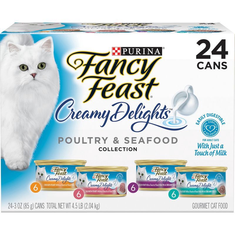 slide 1 of 11, Purina Fancy Feast Creamy Delights Chicken and Seafood Flavor Collection Variety Pack Wet Cat Food - 24pk, 24 ct