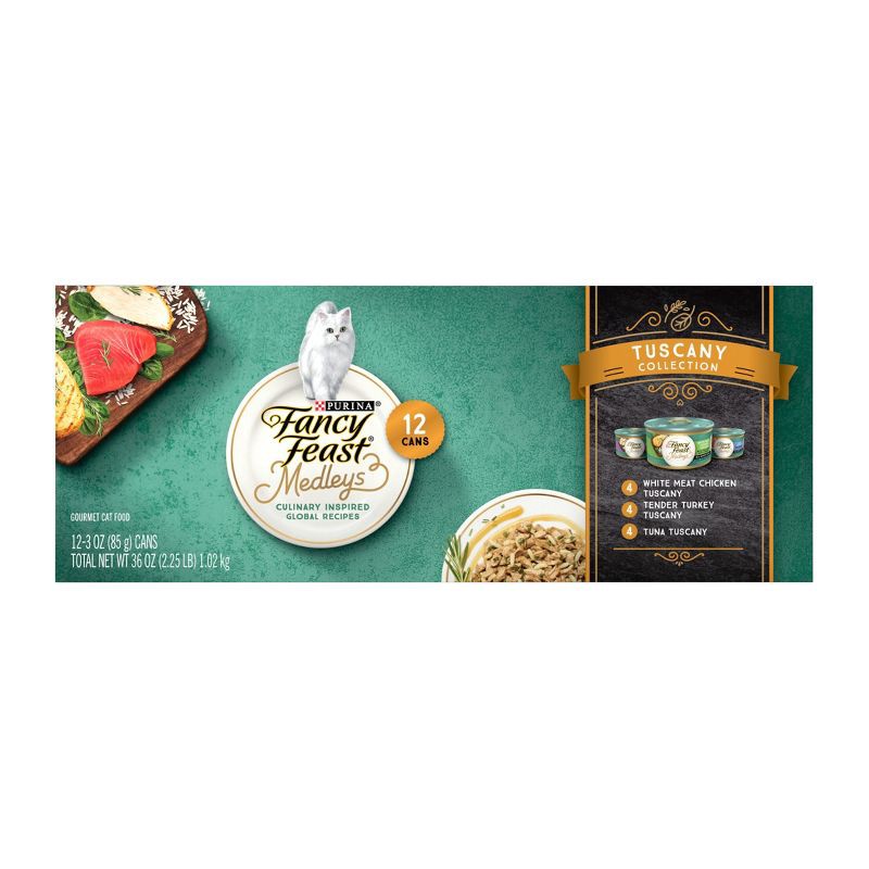 slide 1 of 11, Purina Fancy Feast Medleys Tuscany Chicken, Turkey and Tuna Flavor Variety Pack Wet Cat Food - 2.25lbs/12pk, 2.25 lb, 12 ct