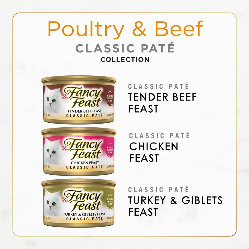 slide 3 of 10, Purina Fancy Feast Beef and Chicken Flavor Classic Pate Collection Variety Pack Grain Free Wet Cat Food - 30pk, 30 ct