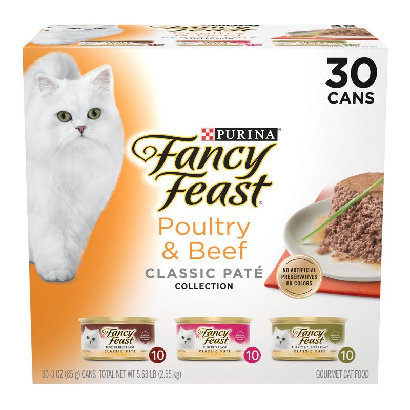 slide 1 of 10, Purina Fancy Feast Beef and Chicken Flavor Classic Pate Collection Variety Pack Grain Free Wet Cat Food - 30pk, 30 ct