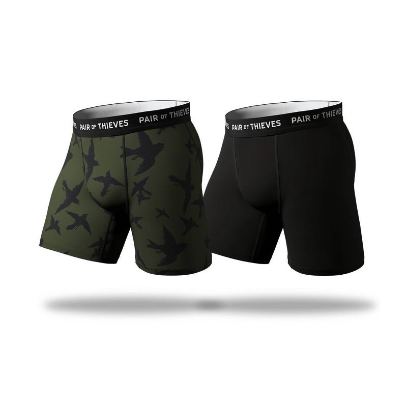 slide 1 of 10, Pair of Thieves Men's Bird Print Super Fit Boxer Briefs 2pk - Dark Green L: Tagless, Full Waistband Elastic, Flat Seams, 2 ct