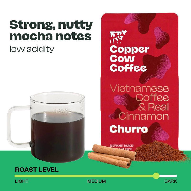 slide 11 of 12, COPPER COW COFFEE Copper Cow Churro Dark Roast Ground Vietnamese Coffee - 12oz, 12 oz
