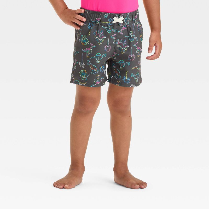 slide 1 of 3, Baby Boys' Dinosaur Swim Board Shorts - Cat & Jack™ Black 18M: UPF 50+, Built-in Brief, Elastic Waistband, 1 ct