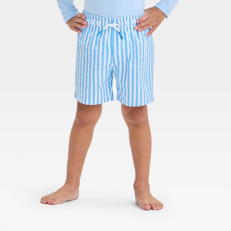 slide 1 of 3, Baby Boys' Striped Seersucker Swim Shorts - Cat & Jack™ Blue 18M: Mesh Liner, Adjustable Waistband, Built-in Brief, 3.5" Inseam, 1 ct