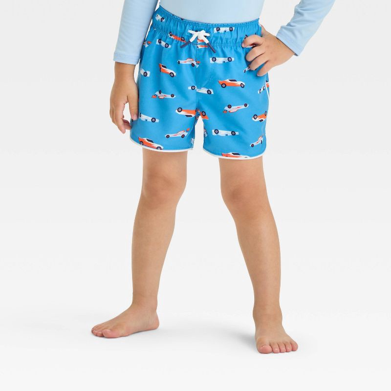 slide 1 of 3, Baby Boys' Race Car Swim Shorts - Cat & Jack™ Dark Blue 12M: Recycled Polyester, Adjustable Strap, UPF 50+, Machine Wash, 1 ct