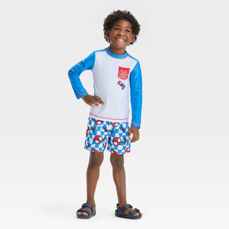 slide 1 of 4, Baby Boys' Spider-Man Rash Guard Set - White/Blue/Red 12M: UPF 50+ Swimwear, Tagless, Pull-On Closure, 1 ct