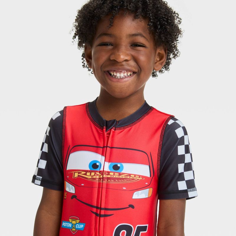 slide 3 of 3, Baby Boys' Cars One Piece Rash Guard - Red/Black 18M: UPF 50+, Tagless, Crew Neck, Short Sleeve, 1 ct