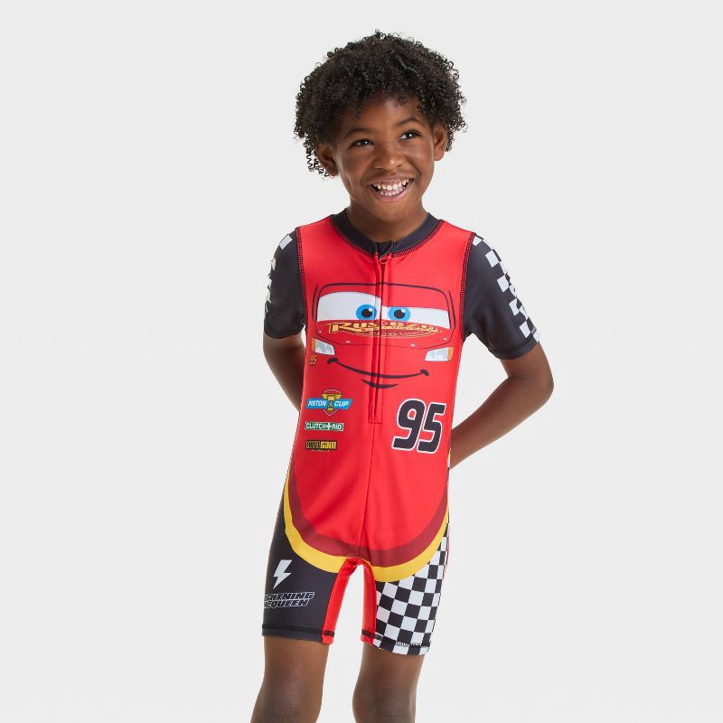 slide 1 of 3, Baby Boys' Cars One Piece Rash Guard - Red/Black 18M: UPF 50+, Tagless, Crew Neck, Short Sleeve, 1 ct