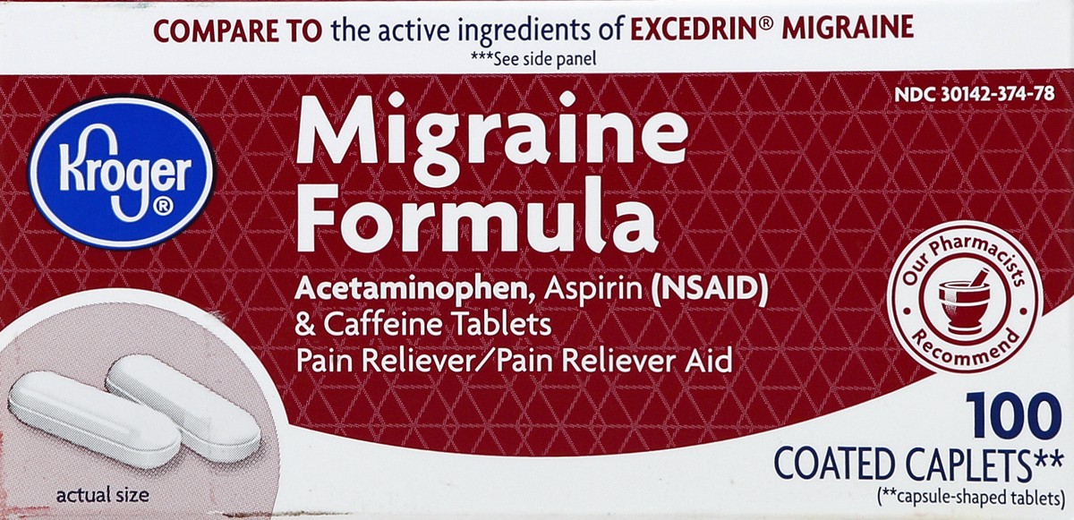 slide 4 of 4, Kroger Migraine Relief Acetaminophen Caplets, 100 ct