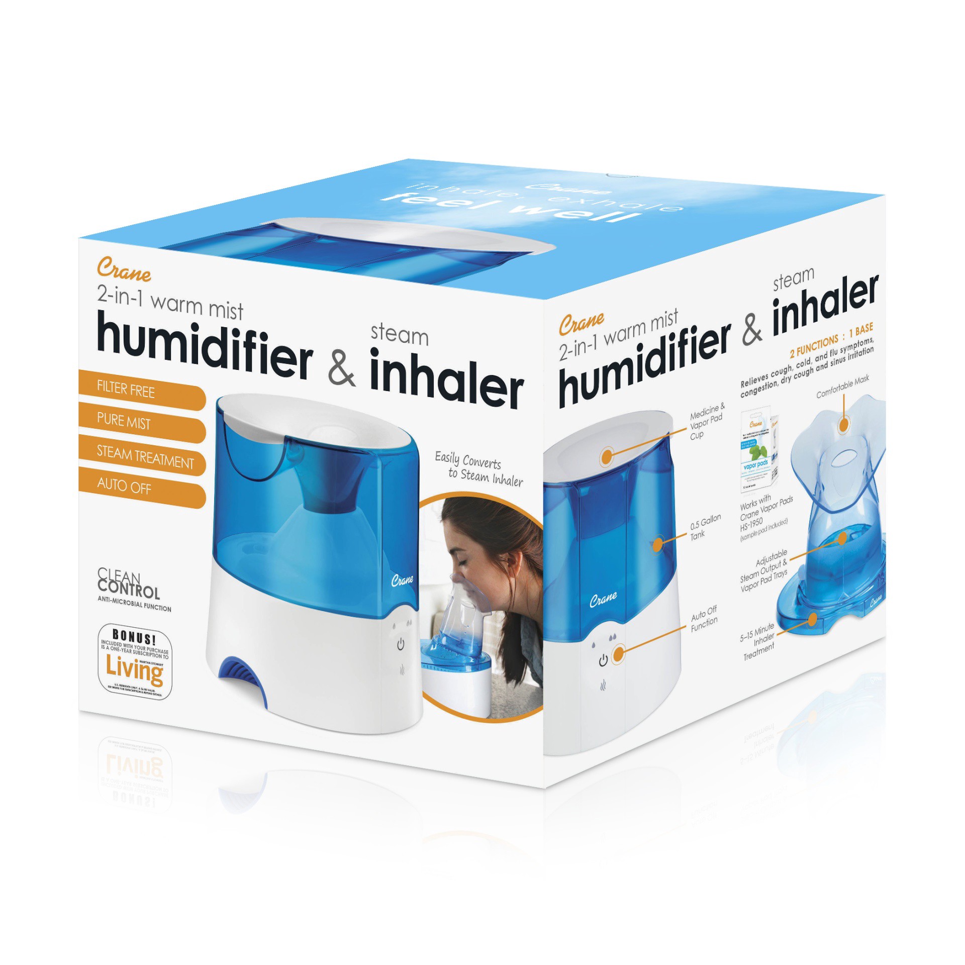 slide 5 of 5, Crane 2-in-1 Warm Mist Steam Inhaler Humidifier - Blue & White, 1 ct