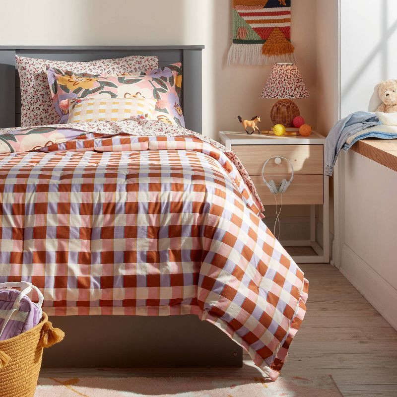 slide 3 of 6, Twin Flower/Plaid Reversible Kids' Comforter Set - Pillowfort™, 1 ct