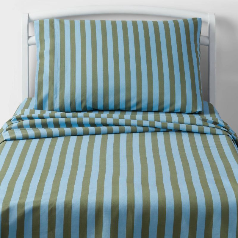 slide 1 of 4, Full Striped Kids' Cotton Sheet Set Blue/Green - Pillowfort™, 1 ct