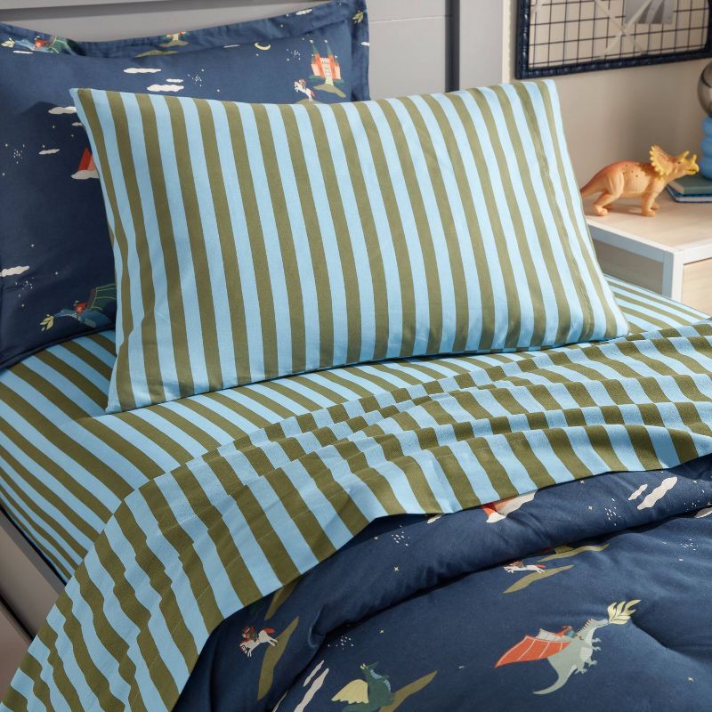slide 2 of 4, Twin Striped Kids' Cotton Sheet Set Blue/Green - Pillowfort™, 1 ct