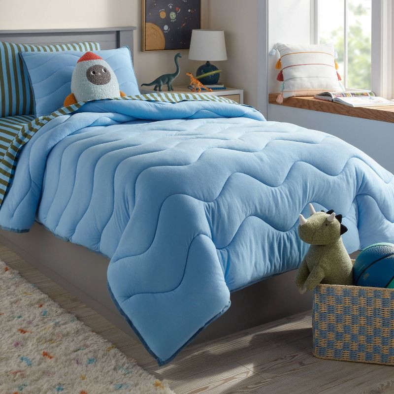 slide 1 of 5, Twin Jersey Wave Kids' Comforter Set Blue - Pillowfort™, 1 ct