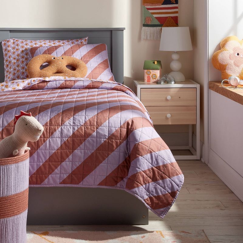 slide 2 of 3, Full/Queen Striped Kids' Quilt Purple/Brown - Pillowfort™, 1 ct
