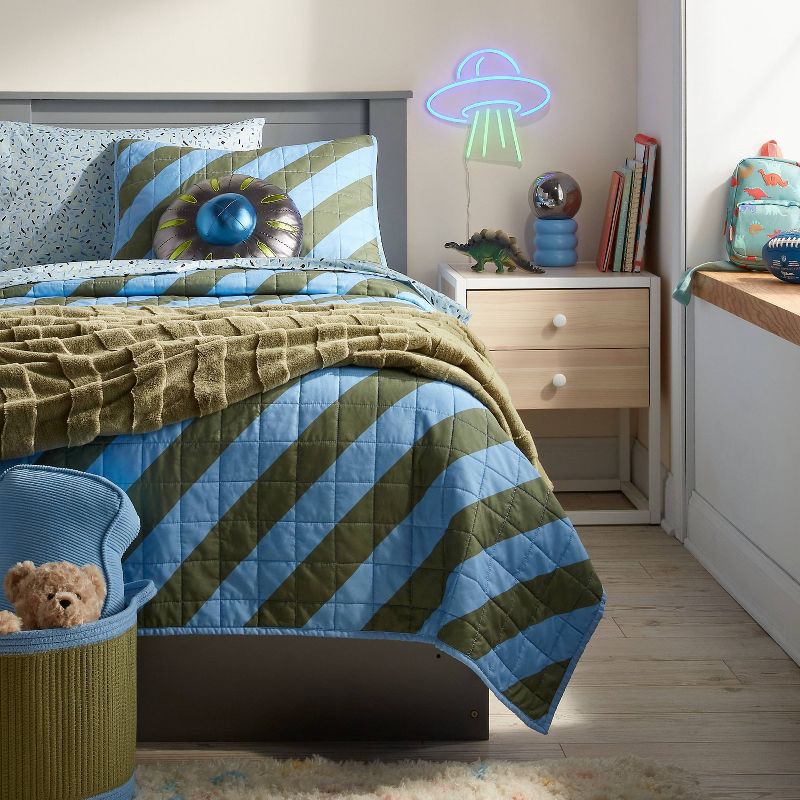slide 2 of 3, Full/Queen Striped Kids' Quilt Blue/Green - Pillowfort™, 1 ct