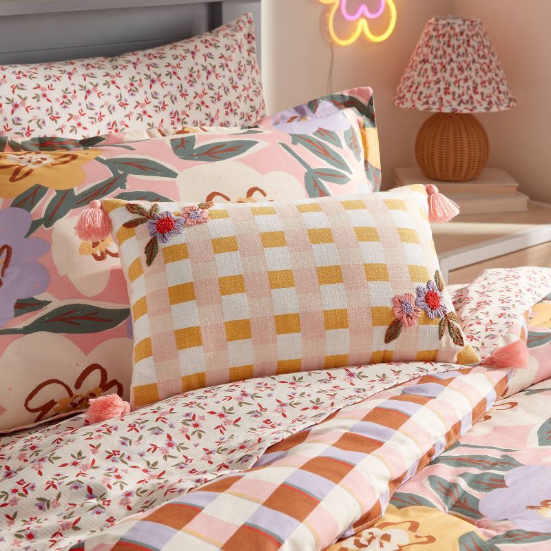 slide 2 of 4, Checkered with Flower Embroidery Kids' Decorative Pillow - Pillowfort™, 1 ct