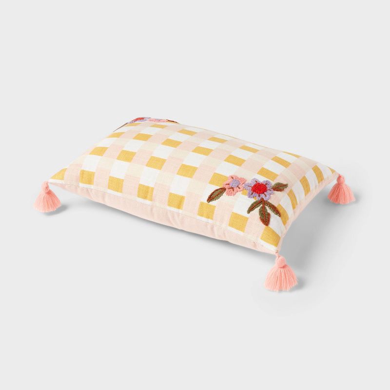 slide 3 of 4, Checkered with Flower Embroidery Kids' Decorative Pillow - Pillowfort™, 1 ct